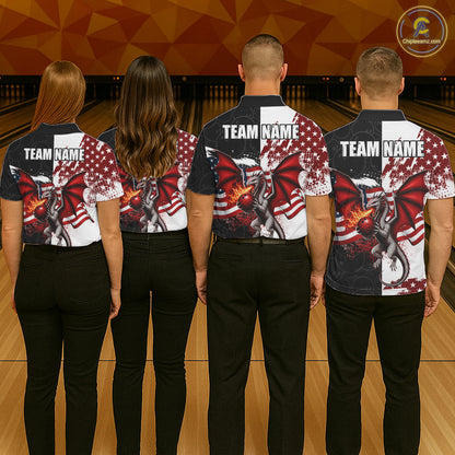 Red, White And Black US Flag Women Bowling Shirt Custom Patriotic Dragon Fire Flame Bowling Team Jersey NYN3276