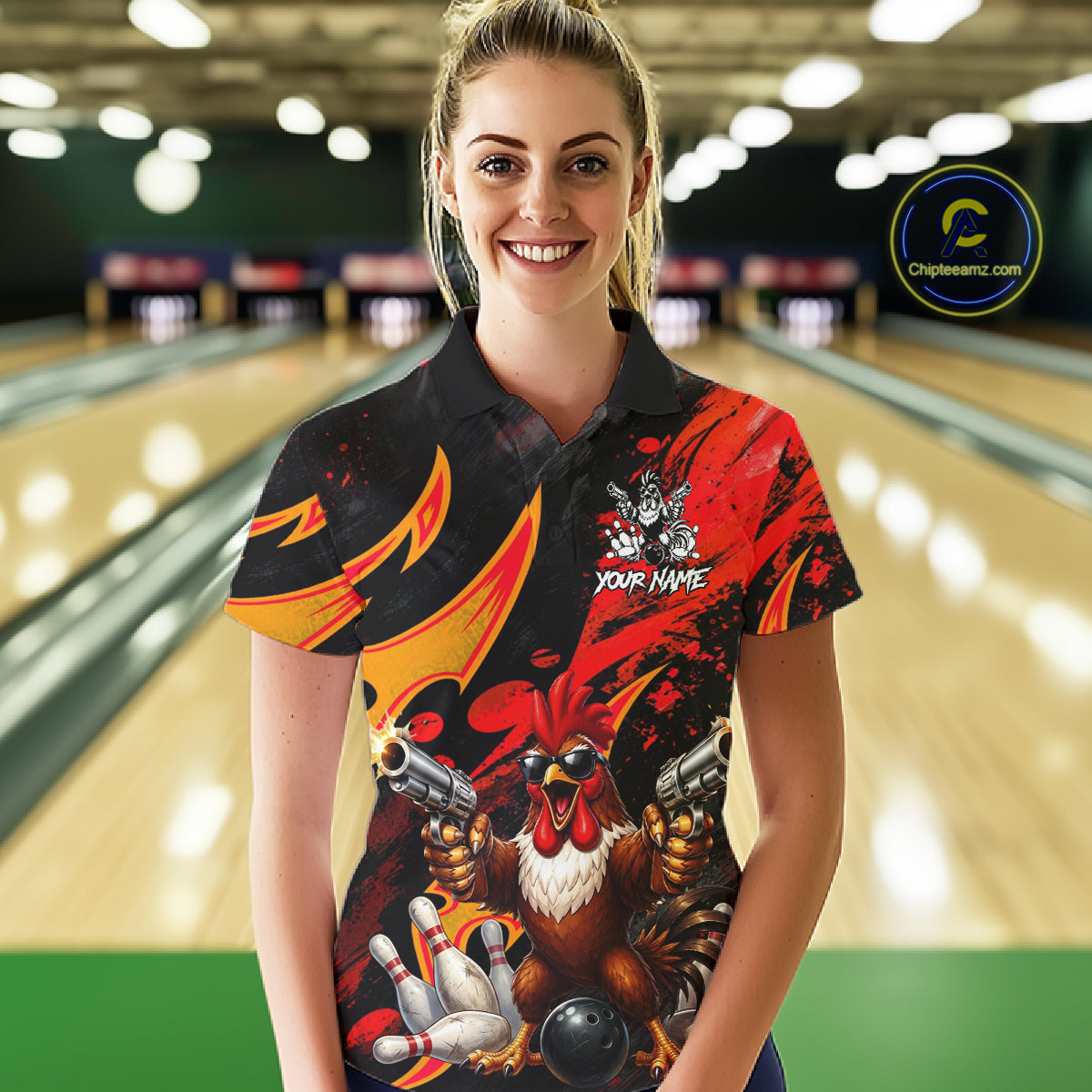 Red And Yellow Rooster Gun Women Bowling Shirt Custom Funny Grunge Cute Bowling Team Outfits NYN3279