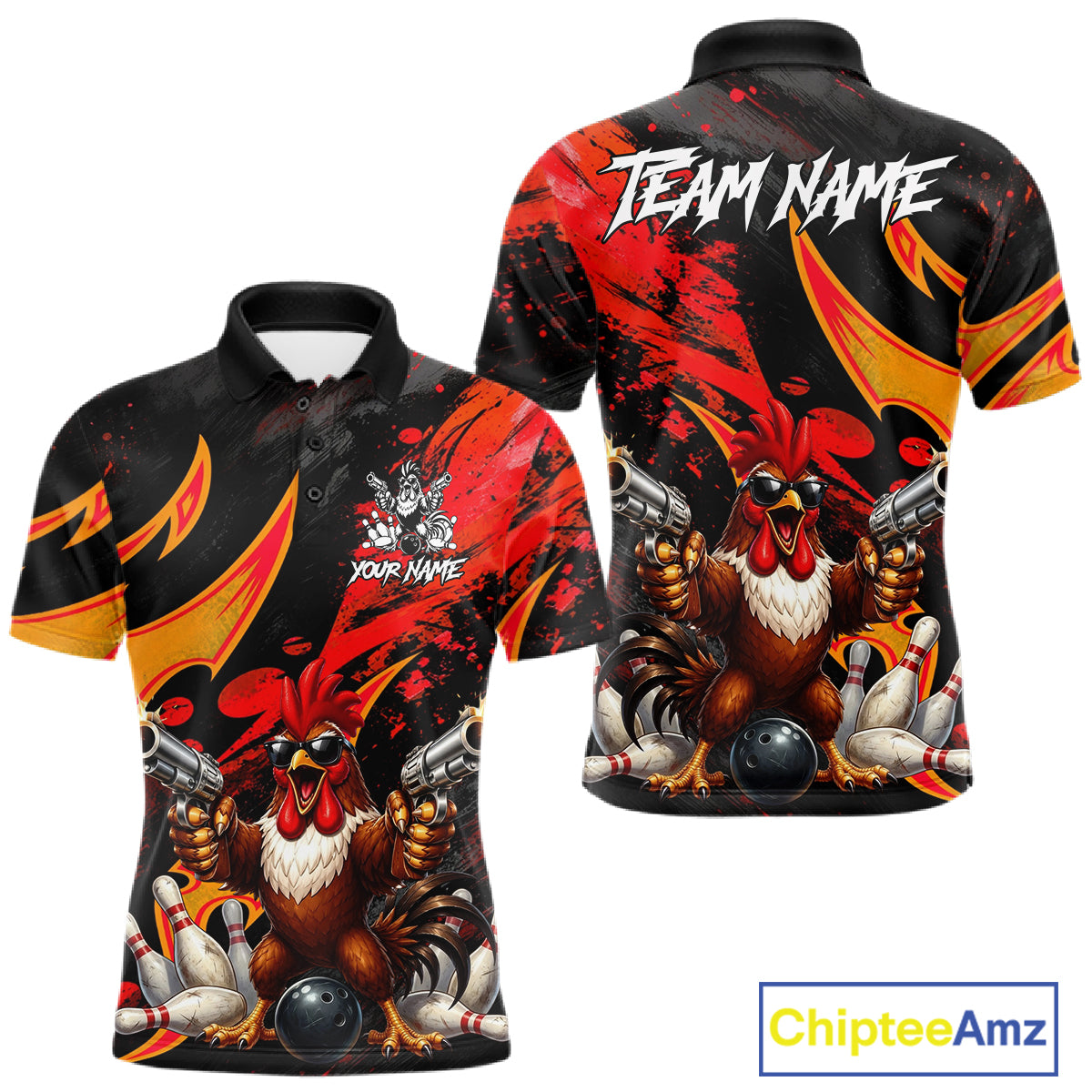 Rooster Gun Men Bowling Polo Shirt Custom Funny Cute Bowling Team Outfits