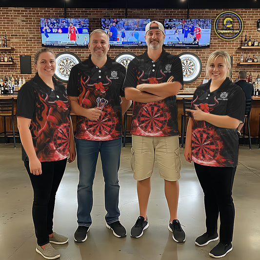 Red Funny Bull Fire Flame Dartboard Custom Women Darts Quarter-Zip League Shirts Dart Jerseys NYN2244