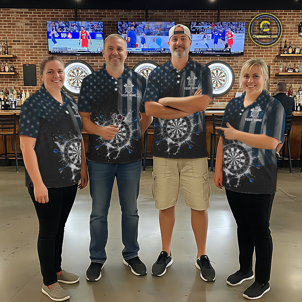 Custom Blue US Flag Water Dartboard Women Darts Quarter-Zip League Shirts Patriotic Dart Jerseys NYN2246