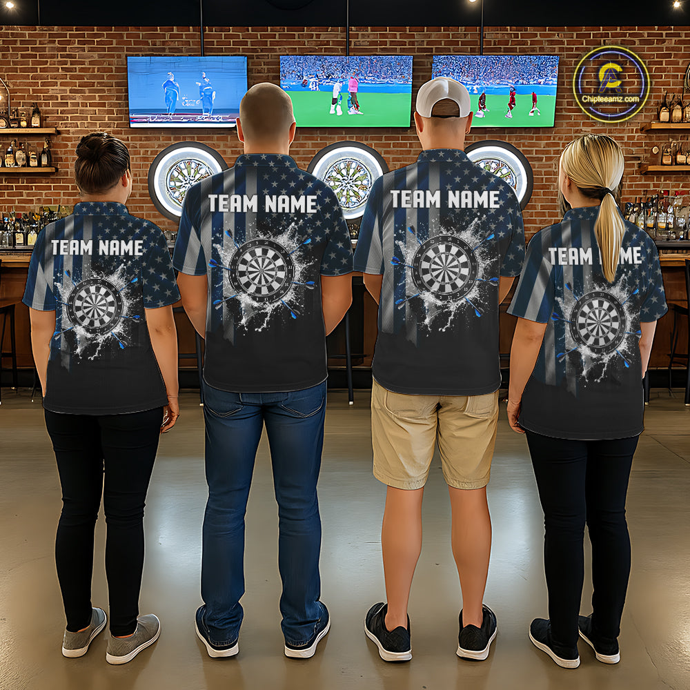 Custom Blue US Flag Water Dartboard Women Darts Quarter-Zip League Shirts Patriotic Dart Jerseys NYN2246