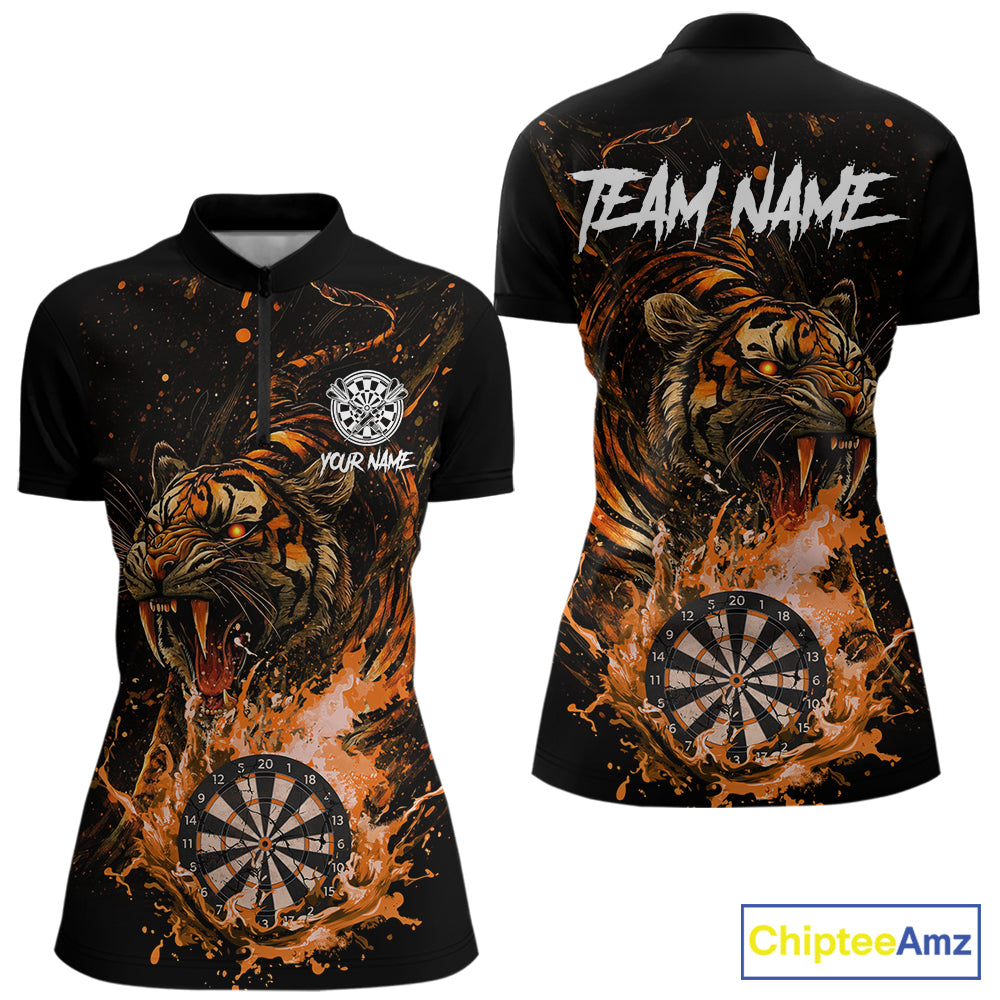 Custom Orange Horror Tiger Grunge Women Darts Quarter-Zip League Shirts Splatter Dart Jerseys NYN2251
