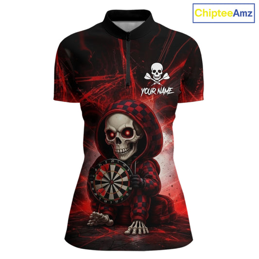 Black & Red Grunge Light Caro Skeleton Women Darts 1/4-Zip Shirt Custom Funny Dart Team Jerseys NYN2539
