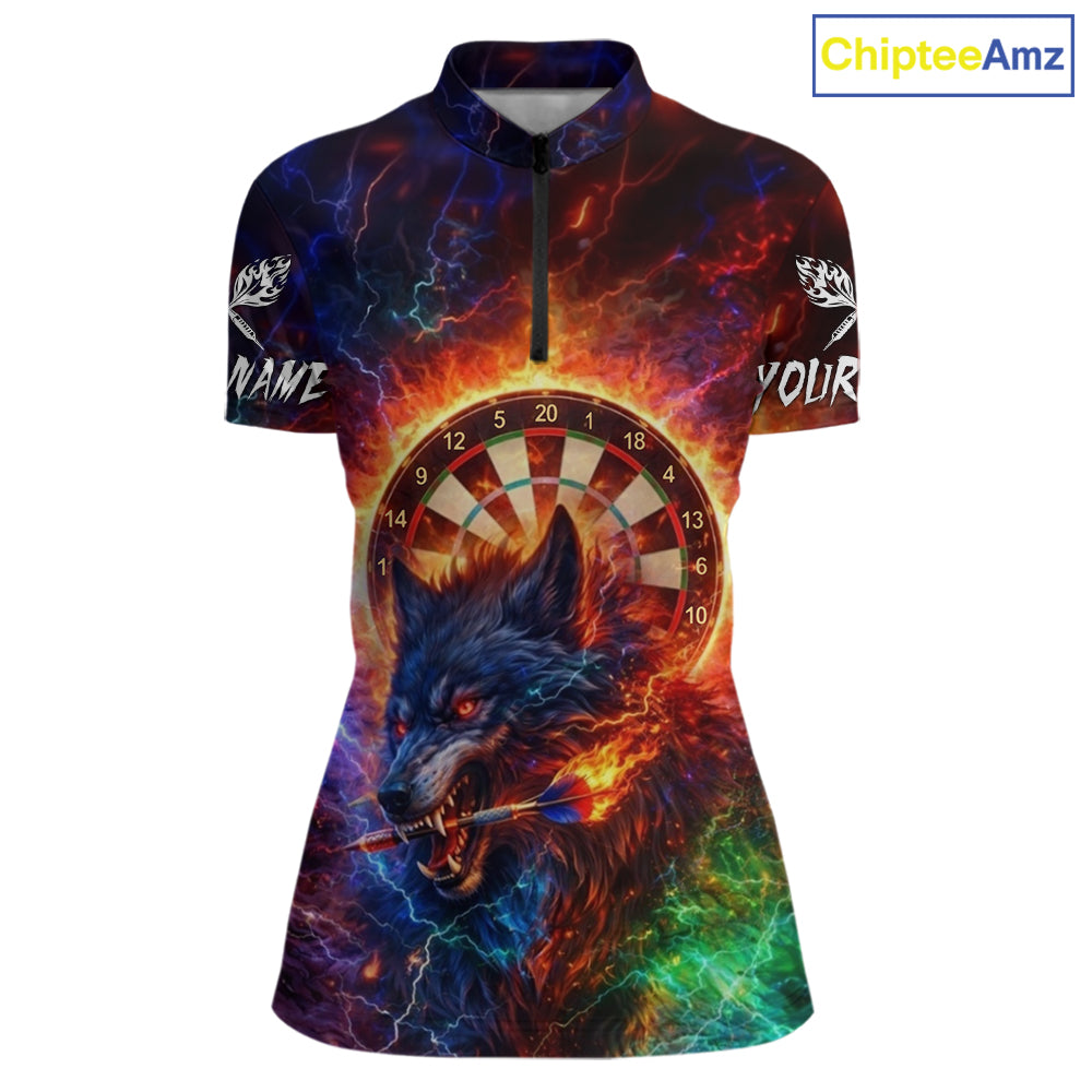 Colorful Lightning Funny Wolf Flame Dartboard Women Darts 1/4-Zip Shirt Custom Outfits Dart Jerseys NYN2540