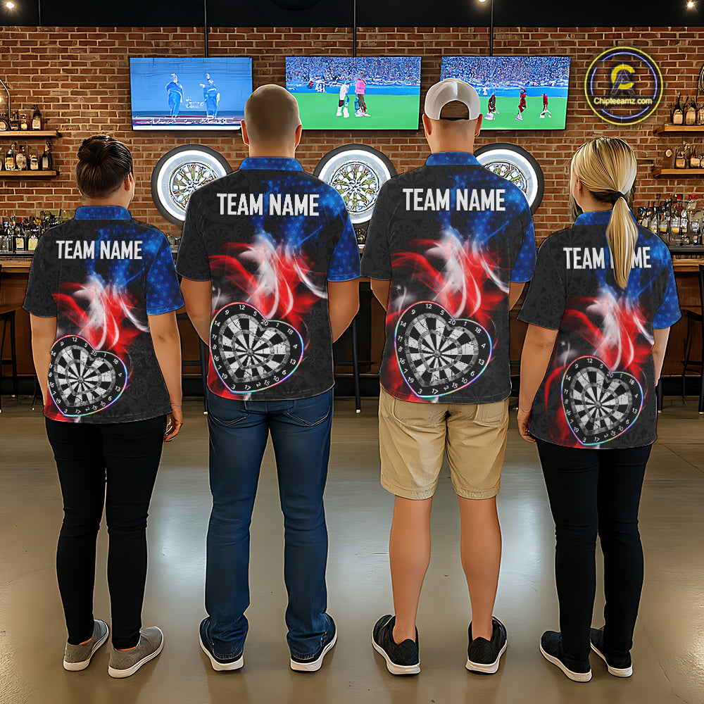 Smoke US Flag Colorful Heart Dartboard Women Darts Valentine Shirt Custom Dart Polo Couple Gifts NYN2544