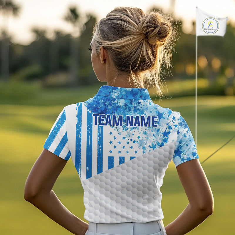 White And Blue American Flag Golf Polos Shirts For Women Custom Patriotic Womens Golf Attire NYN2913