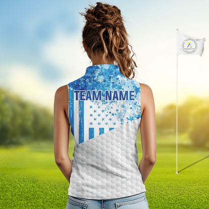 White And Blue American Flag Sleeveless Golf Polos Shirts For Women Custom Patriotic Golf Attire NYN2913