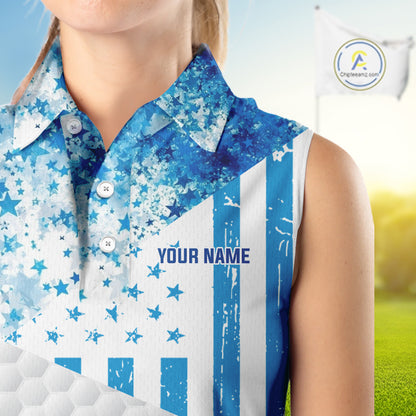 White And Blue American Flag Sleeveless Golf Polos Shirts For Women Custom Patriotic Golf Attire NYN2913