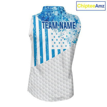 White And Blue American Flag Sleeveless Golf Polos Shirts For Women Custom Patriotic Golf Attire NYN2913