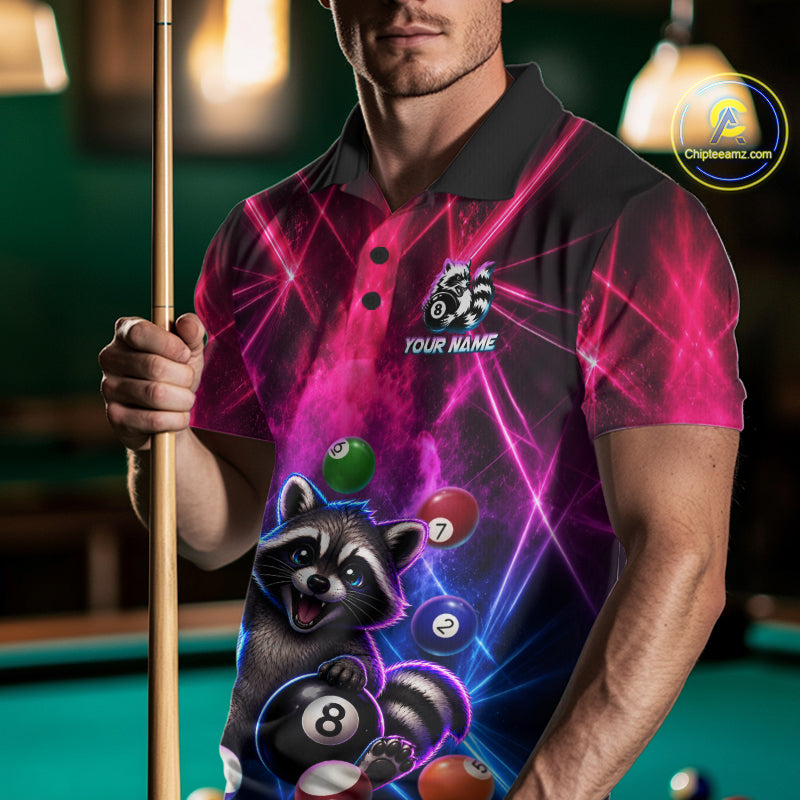 Funny Raccoon 8 Ball Pool Pink & Blue Smokes Mens Polo Shirts Custom Billiard Apparel, Billiard Gifts NYN3295