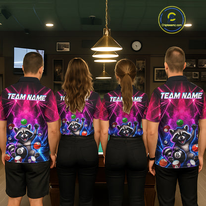 Funny Raccoon 8 Ball Pool Pink & Blue Smokes Mens Polo Shirts Custom Billiard Apparel, Billiard Gifts NYN3295