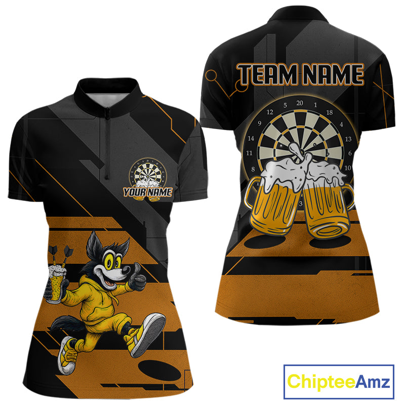 Wolf Play Darts & Beer Custom Funny Dart 1/4-Zip Shirts For Women, Dart Team Jerseys NYN0797
