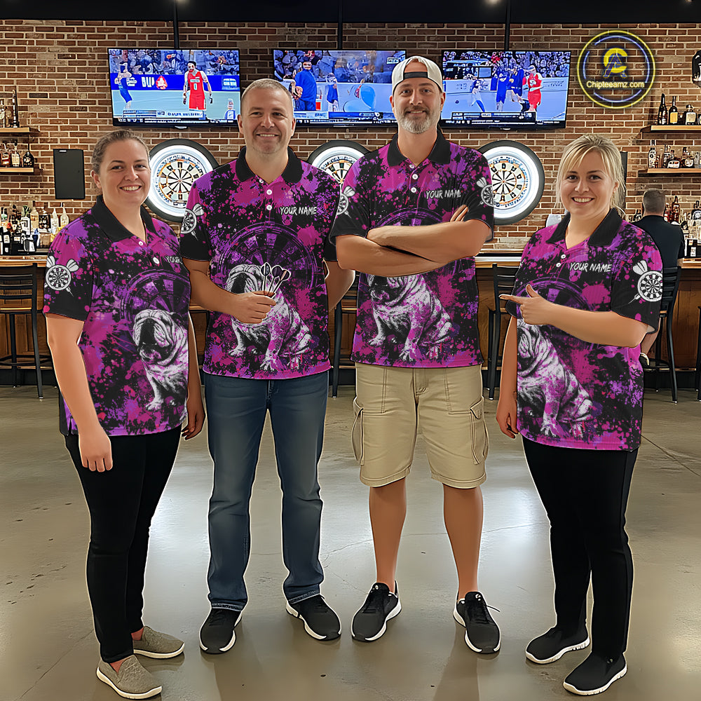 Custom Purple Splash Funny Bulldog Women Darts Quarter-Zip League Shirts Splatter Dart Team Jerseys NYN2254