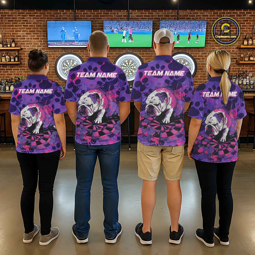 Pink & Purple Splatter Funny Lazy Bulldog Custom Men Darts Polo Shirts Dart League Jerseys NYN2256