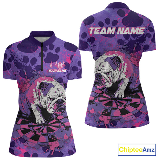 Pink & Purple Splatter Funny Lazy Bulldog Custom Women Darts Quarter-Zip Shirts Dart League Jerseys NYN2256