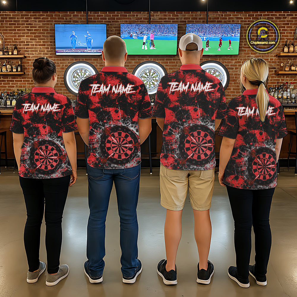 Red Grunge Skull Cracked Glass Dartboard Custom Men Darts Polo Shirts Dart Team Jerseys NYN2259