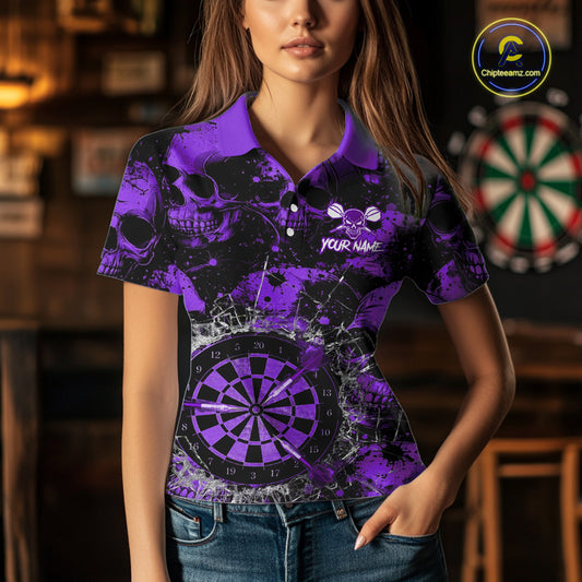Purple Grunge Skull Cracked Glass Dartboard Custom Women Darts Polo Shirts Dart Team Jerseys NYN2260