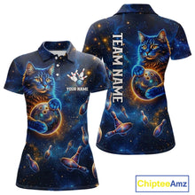 Load image into Gallery viewer, Custom Galaxy Blue Funny Cat Bowling Team Shirt Bowling Jersey Polo &amp; 1/4 Zip Bowling Unisex For Women NYN3123