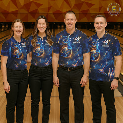 Custom Galaxy Blue Funny Cat Bowling Team Shirt Bowling Jersey Polo & 1/4 Zip Bowling Unisex For Men NYN3123