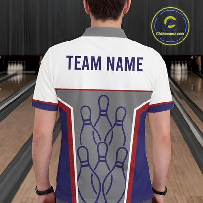 Red, Blue And Gray Bowling Pin Jerseys For Men Custom Bowling Polo 1/4-Zip Shirt, Gift For Bowlers NYN3125