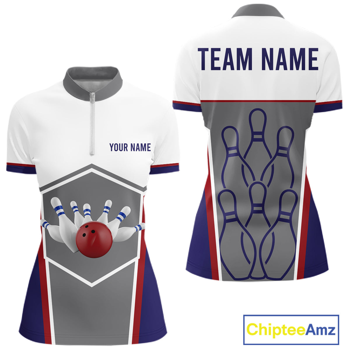 Red, Blue And Gray Bowling Pin Jerseys For Women Custom Bowling Polo 1/4-Zip Shirt, Gift For Bowlers NYN3125