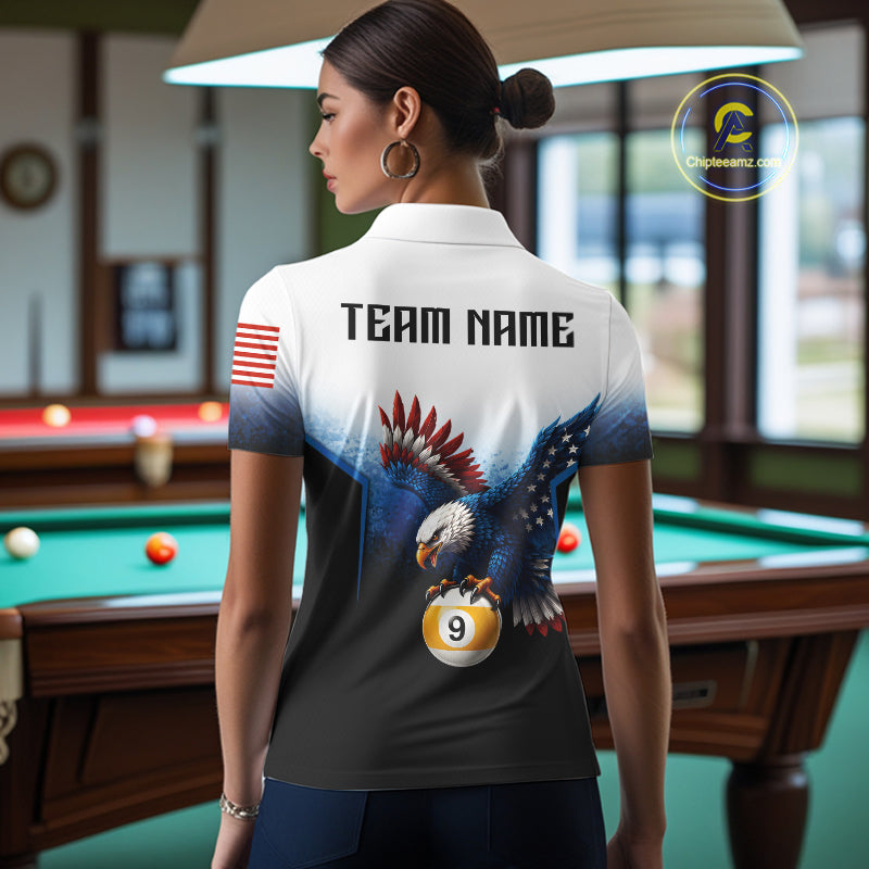 Grunge Blue Funny Eagle 8 Ball & 9 Ball Women Billiard Shirts Custom Patriotic Billiard Team Attire NYN3307