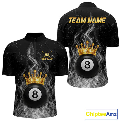 Personalized gold crown 8 ball billiard 1/4-zip shirt for men with fire flame design