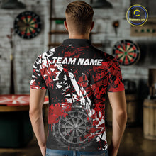 Load image into Gallery viewer, Male darts player wearing black white red grunge dart shirt, smoke dartboard darts jersey, personalized tournament dart apparel