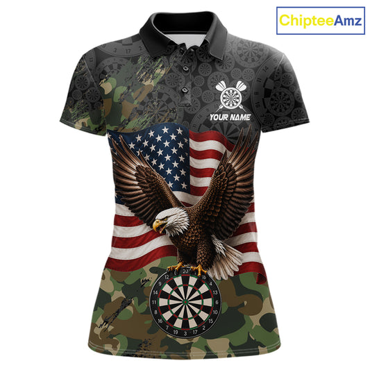 Custom Green Camouflage Eagle American Flag Women's Darts Polo Shirt, Personalized Camo Team Jersey, Tactical Dart Tournament Apparel, Patriot Performance Polo, Military Style, Honor, Strength & Leadership