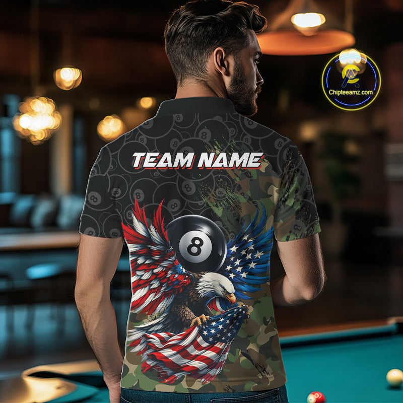Male model wearing Green Camouflage Eagle American Flag billiard polo shirt during pool league competition, tactical athletic apparel, honor, teamwork, strength