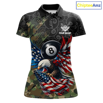 Custom Green Camouflage Eagle American Flag Women's Billiard Polo Shirt, Personalized Tactical Pool Team Jersey, Patriot Cue Sports Apparel, Military Style, Strength, Honor & Teamwork