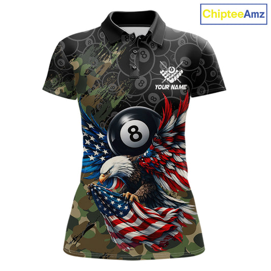 Custom Green Camouflage Eagle American Flag Women's Billiard Polo Shirt, Personalized Tactical Pool Team Jersey, Patriot Cue Sports Apparel, Military Style, Strength, Honor & Teamwork