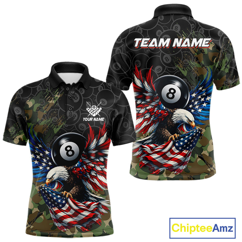 Custom Green Camouflage Eagle American Flag Men's Billiard Polo Shirt, Personalized Tactical Billiard Team Jersey, Performance Cue Sports Apparel, Patriot League Uniform
