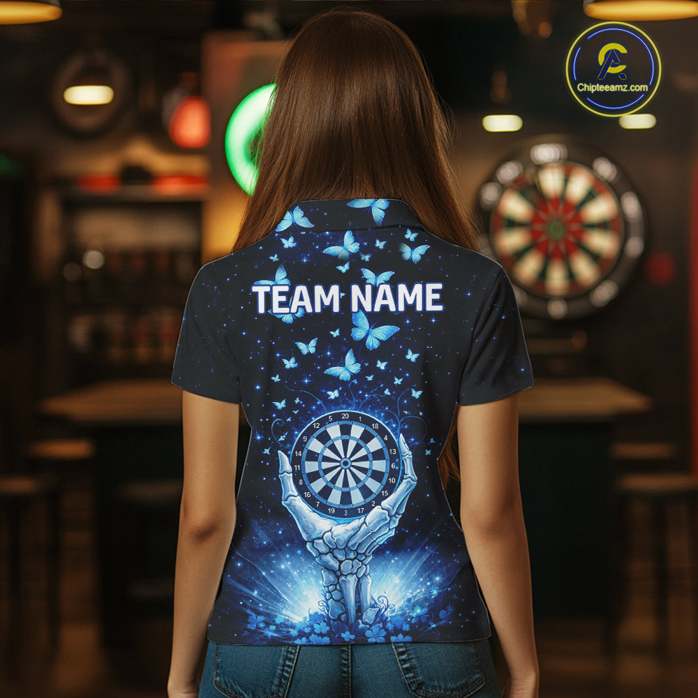 Blue Light Butterflies Skull Dartboard Custom Women Darts Polo Shirts Dart League Jerseys NYN2263