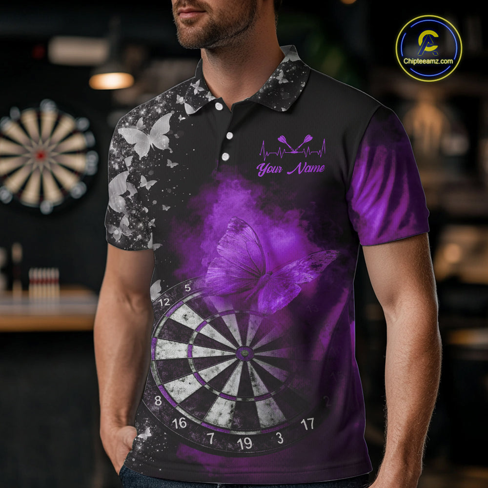 Custom Silver Butterfly Purple Smoking Grunge Dartboard Men Darts Polo Shirts Dart Jerseys NYN2268