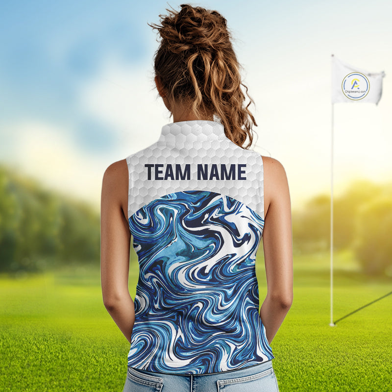 Women Golf Clothing Blue Fluid Pattern Sleeveless Golf Polo Shirt Custom White Golf Ball Golf Upf Shirts NYN2929