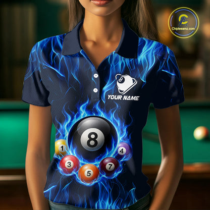 Fire Flame 8 Ball Billiard Shirt For Women Custom Blue Flames Pool Billiard Rack Team Shirt NYN3137