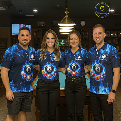 Fire Flame 8 Ball Billiard Shirt For Men Custom Blue Flames Pool Billiard Rack Team Shirt NYN3137