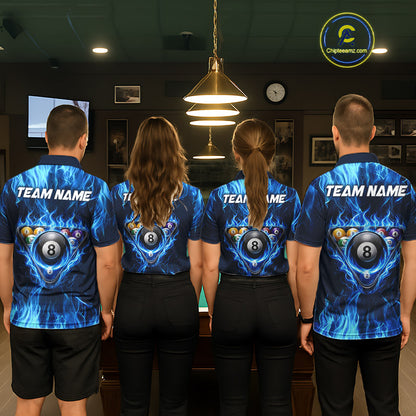 Fire Flame 8 Ball Billiard Shirt For Men Custom Blue Flames Pool Billiard Rack Team Shirt NYN3137