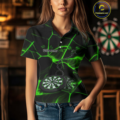 Flame Dartboard & Chains Darts Shirt For Women - Custom Name & Team Jersey | Opt3 - Green NYN0627
