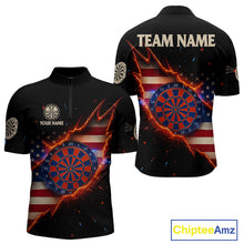 Load image into Gallery viewer, Fire American Flag Darts Quarter-Zip Shirt For Men Custom Name &amp; Team Patriotic Dart League Shirt NYN2053
