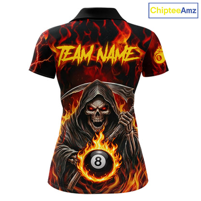 Grim Reaper 8 Ball Billiard Shirt For Women Custom Red Flames 8 Ball Pool Billiard Team Attire NYN3146