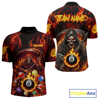 Grim Reaper 8 Ball Billiard Shirt For Men Custom Red Flames 8 Ball Pool Billiard Team Attire NYN3146