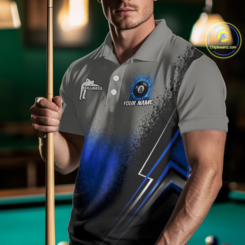 Personalized Grey And Blue Splatter 8 Ball Pool Billiard Shirt For Men Custom Billiard Team Jersey NYN3147