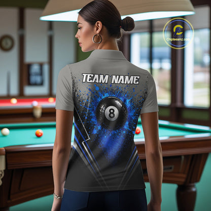 Personalized Grey And Blue Splatter 8 Ball Pool Billiard Shirt For Women Custom Billiard Team Jersey NYN3147