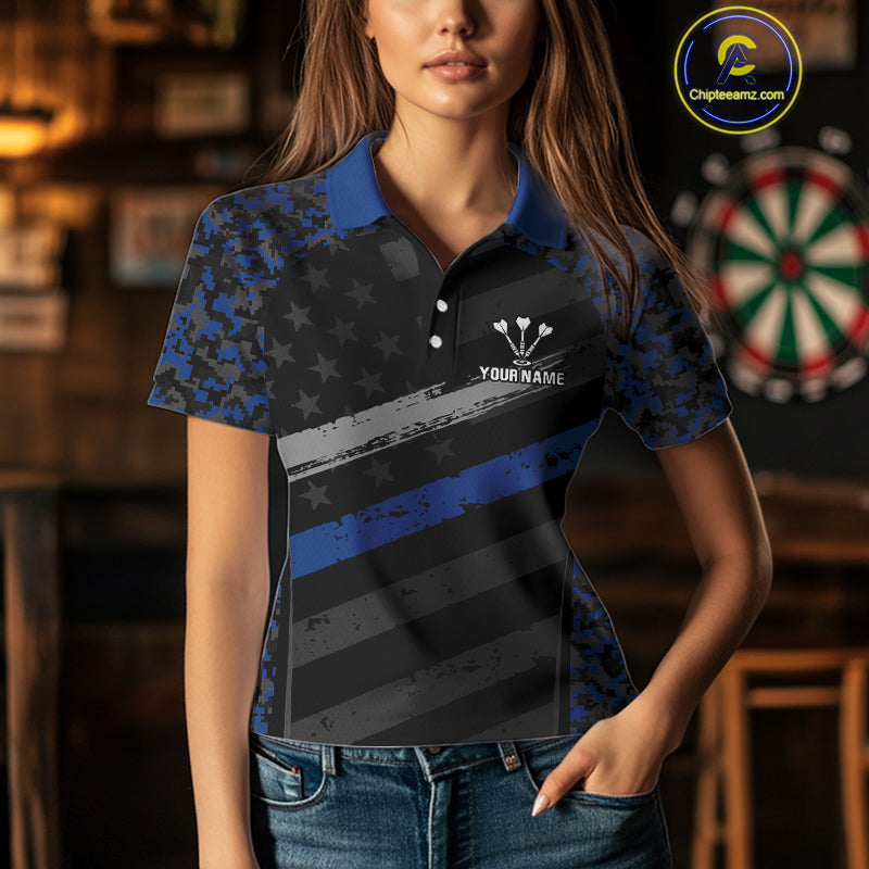 Grey Darts & Azure Camo Pattern Darts Shirt For Women - Custom Team & Player Name NYN0360