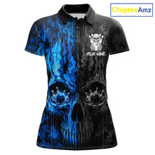 Load image into Gallery viewer, Blue And Black Camouflage Skull Bowling Polo Shirt For Women Custom Bowling Team Jersey Personalized League Bowler Apparel