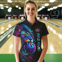 Load image into Gallery viewer, Female bowler wearing Funny Lion Colorful Splatter bowling jersey custom team bowling apparel