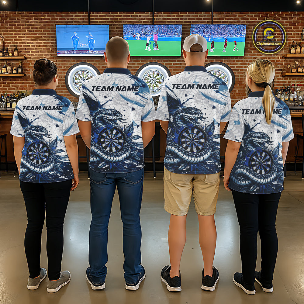 Custom White And Blue Splatter Cobra Dartboard Men Darts Quarter-Zip Shirts Grunge Dart Jerseys NYN2269